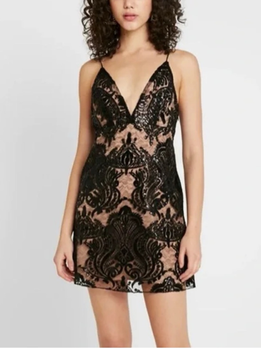 Free People Night Shimmers Black Lace Sequin Mini Dress Women’s Size 10 NWT LBD - Picture 2 of 8